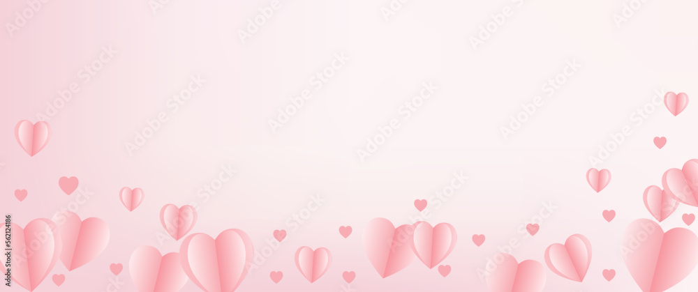 Valentine's Day banner with Pink hearts. Vector illustration. Paper cut decorations for Valentine's day border or frame design, Cute love sale banner, or greeting card. 