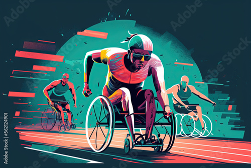 Illustration of Disabled motivated athletes in wheelchair sports on an outdoor Running track. Disabled integration concept. Copy space. Generative AI. © Oier