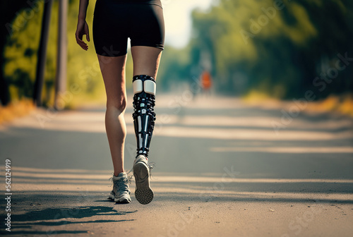 Unrecognizable disabled woman with artificial prosthetic leg taking a walk along the path in sunset outdoors. Generative AI.