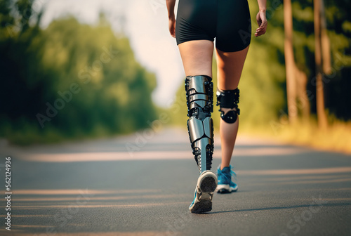 Unrecognizable disabled woman with artificial leg taking a walk along the path outdoors. Generative AI.