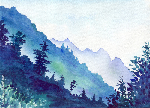 Watercolor drawing. Blue mountains and vegetation silhouettes in the foreground.
