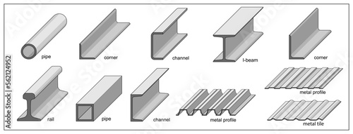 Metal profiles isometric view. Steel rolled products. I-beam, pipe, rail, girder, construction bars, corner, metal profile, tile, square tube. Elements for metalwork. CAD Set for metallurgy industry