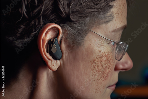 Close up of woman with cochlear implant. Disabled concept. Generative AI photo