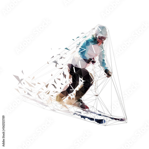 Skier, low poly vector illustration. Downhill skiing, geometric vector drawing, side view