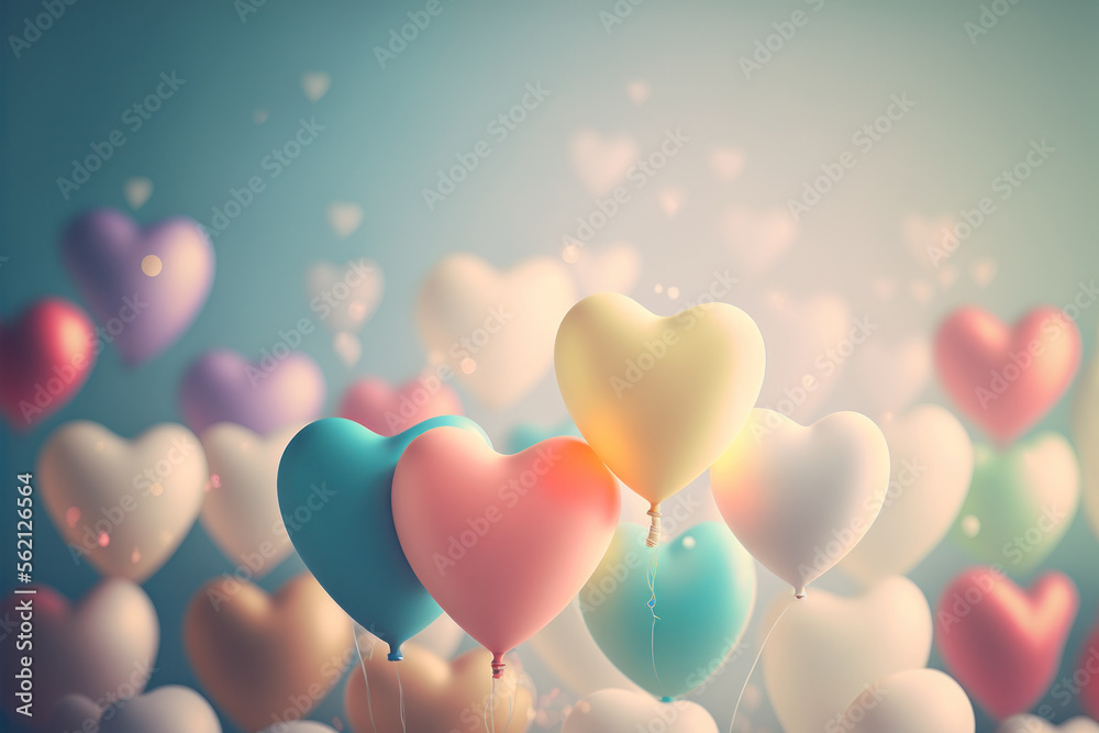 Pastel balloon heart shape flying on bokeh light abstract background. Love and party concept. Generative AI