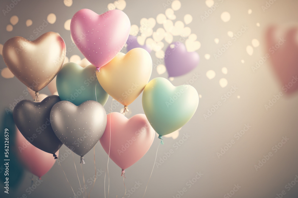 Fototapeta premium Pastel balloon heart shape flying on bokeh light abstract background. Love and party concept. Generative AI