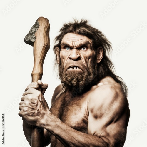 Portrait of a menacing primitive neanderthal caveman male holding a wooden club isolated on a white background