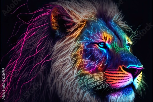Glowing Wild Lion  neon  Abstract  multicolored portrait  black background.