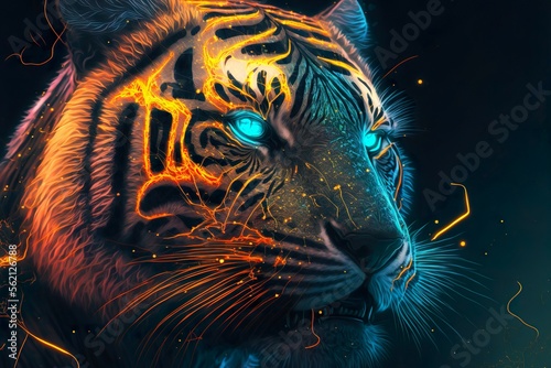 Glowing eyes of the neon tiger, wild animal, portrait of a carnivore head, dark blue background. © Shneor