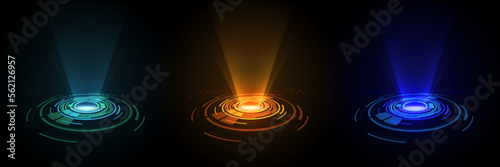 Color hologram portal. Magic fantasy portal. Magic circular podium for teleportation with a hologram effect. Vector glow rays.