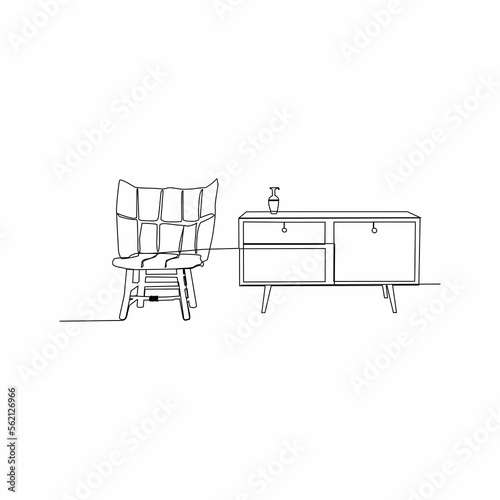 continuous line drawing of sofa and table