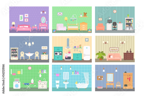 Doll house interior concept. Nine different rooms with furniture. Kitchen, bathroom, bedroom, office, dinner room, nursery, living room, laundry, hallway. Vector illustration Cartoon flat style