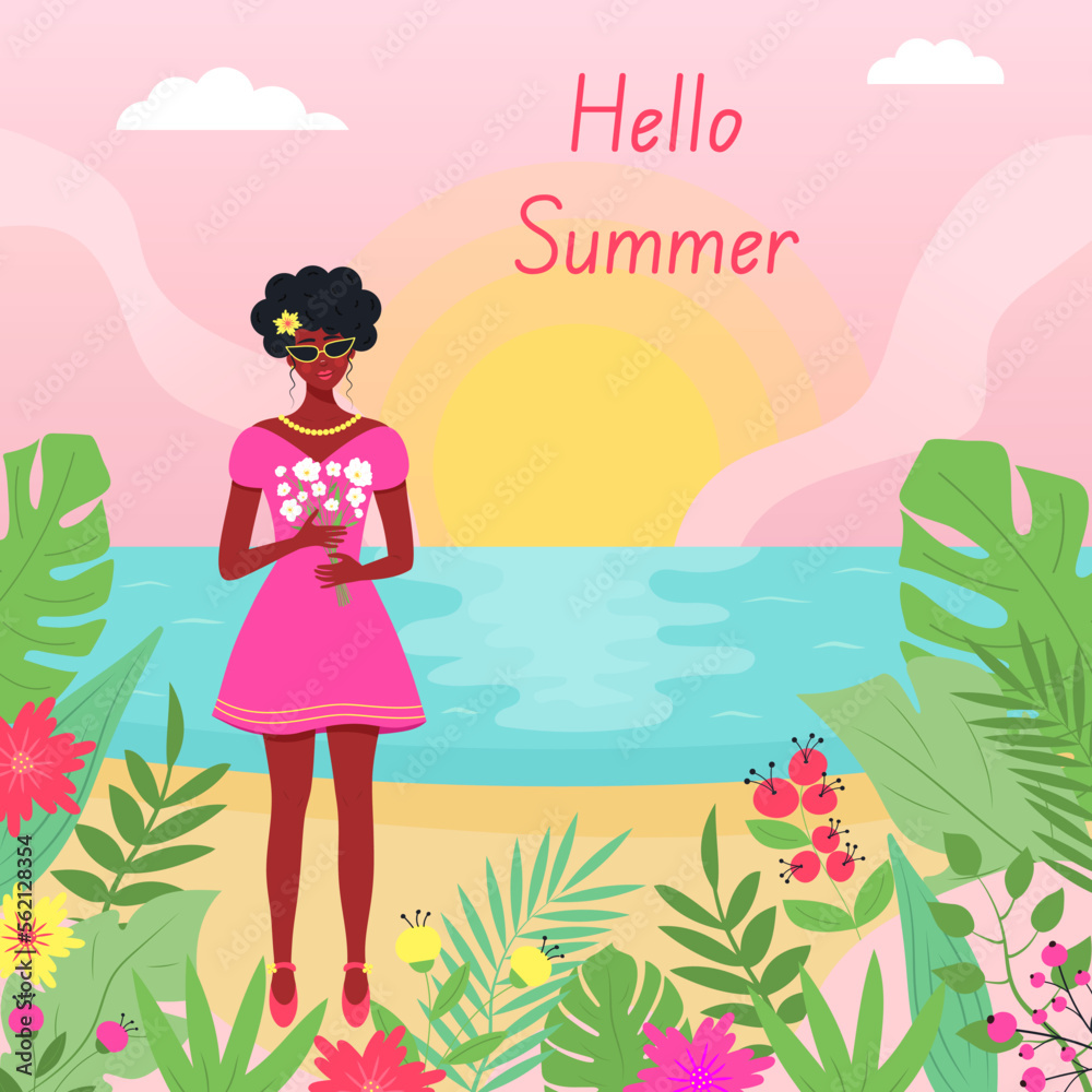 Summer landscape and african girl with a bouquet of flowers. Tropical plants and sunset on the sea. Hello summer text. Summer landscape and african girl with a bouquet of flowers. Tropical plants and sunset on the sea. Hello summer text.