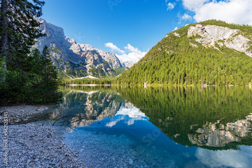 Lake Braies  Lago di Braies or Pragser Wildsee  and the Mountain peak of Croda del Becco or Seekofel  Dolomites  South Tyrol  Trentino-Alto Adige  Bolzano province  Italy  Europe.