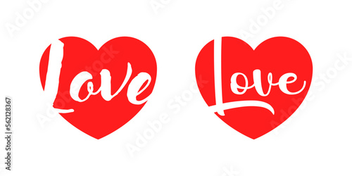 Heart with love text vector, valentine romance celebration decoration. Graphic romantic hearts.