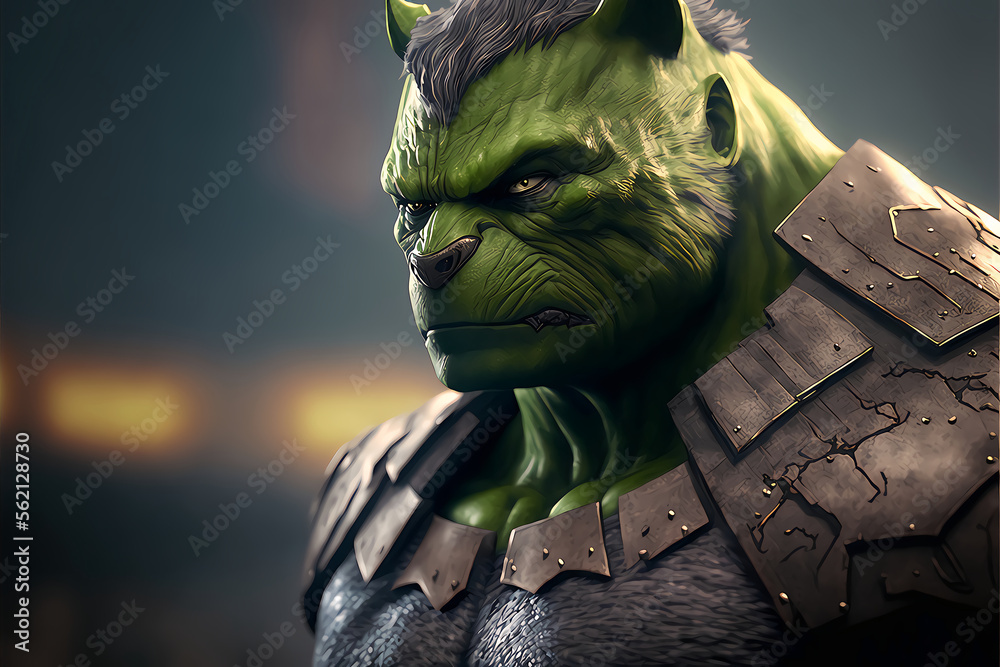 green halk catlike monster evil in armor generated ai Illustration