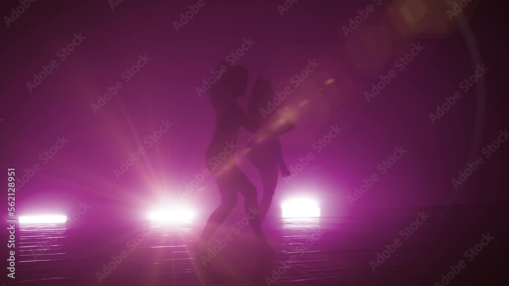 Silhouette dancer woman performing dance figures in fog Silhouette dancer woman performing dance figures in fog