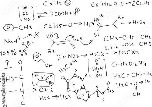 Chemical formulas and expressions. Vector scientific background. Handwritten on white.