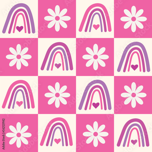 Retro flowers and boho rainbow seamless pattern on white and pink checkerboards. for backgrounds, stationary and wrapping paper 