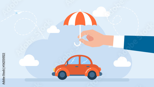 Car Insurance design concept with umbrella protection. Red auto. Car insurance concept. The umbrella protects automobile. Insurance policy. Flat style design. Vector illustration.