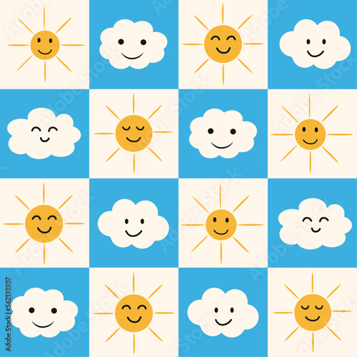 Cartoon yellow sun and baby happy  clouds on white and blue checkerboards seamless pattern. For stationary, kids textile and wrapping paper  
