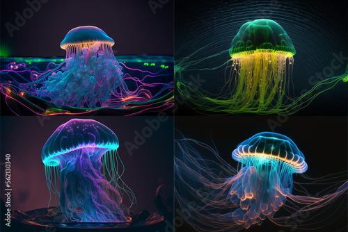 Neon glowing jellyfish in deep dark water. AI generated. photo