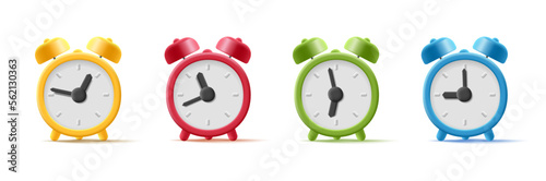 3D alarm clocks, different colors, set. Classic retro style for design on white background.