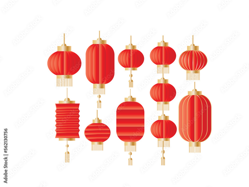 Set of hanging red Chinese lanterns.Japanese lamps.Chinese or lunar new year.Oriental festival.Asia concept.Chinatown traditional.Sign, symbol, icon or logo isolated.Realistic vector illustration. Set of hanging red Chinese lanterns.Japanese lamps.Chinese or lunar new year.Oriental festival.Asia concept.Chinatown traditional.Sign, symbol, icon or logo isolated.Realistic vector illustration.