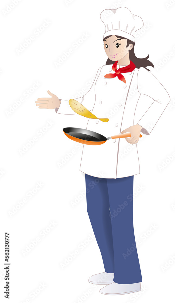 Chef femme qui fait des crêpes sur fond blanc Chef femme qui fait des crêpes sur fond blanc