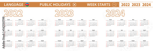 2022, 2023, 2024 year vector calendar in Azerbaijani language, week starts on Sunday. photo
