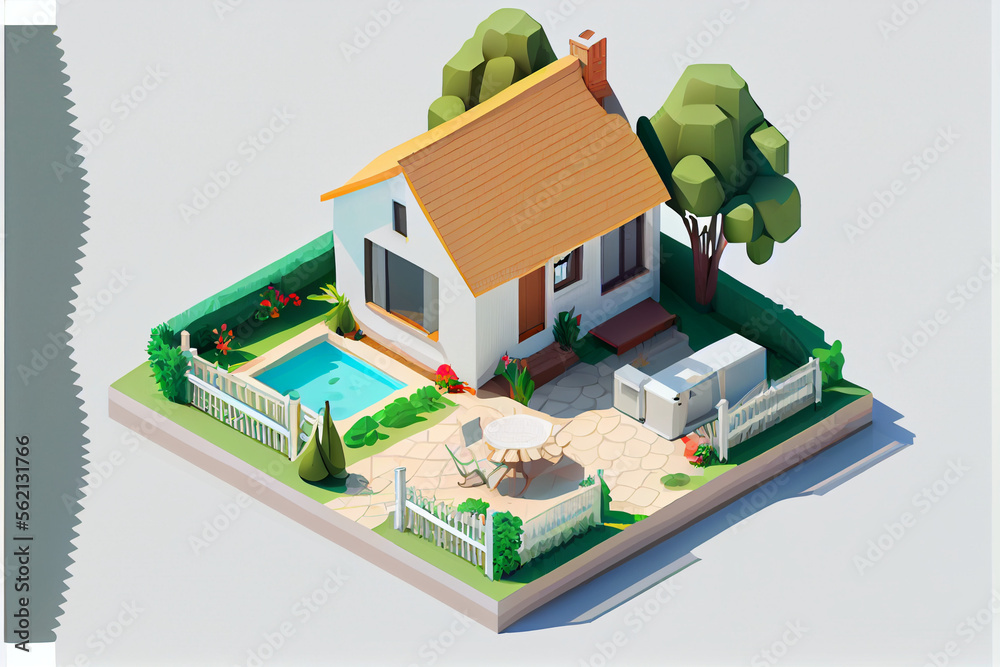 Obraz premium Small toy house on a white background. Cartoon illustration.