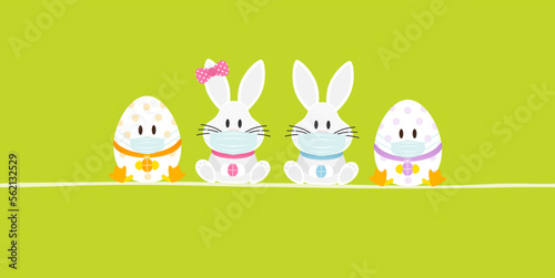 Weiße Osterhasen Mädchen & Junge & 2 Ostereier Maske Banner Grün