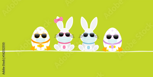 Weiße Osterhasen Mädchen & Junge Sonnenbrille & 2 Ostereier Maske Banner Grün