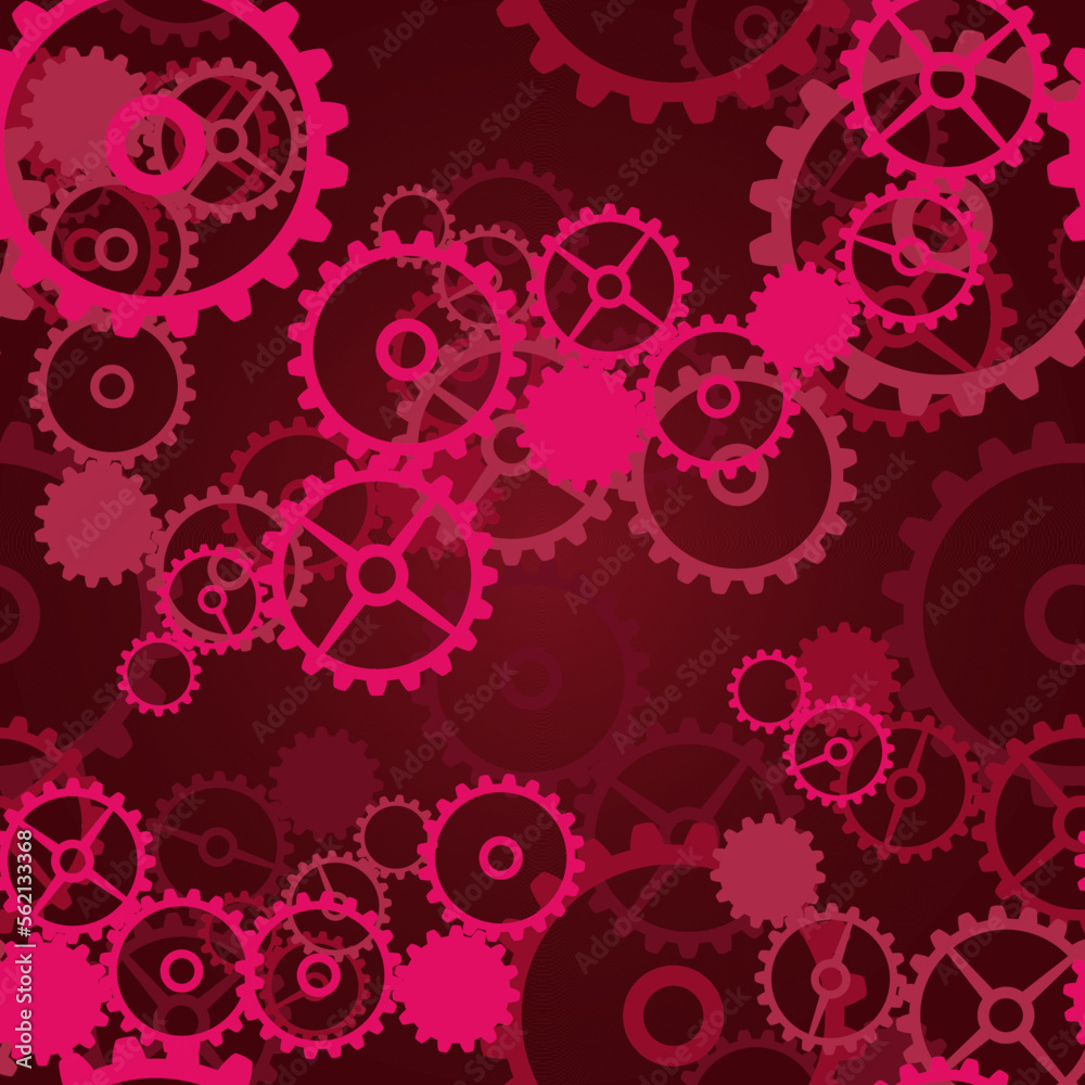 seamless vector pattern in trendy shades with a stylistic image of mechanical gears for prints when designing postcards, covers, packaging, interiors and scenes in viva magenta style seamless vector pattern in trendy shades with a stylistic image of mechanical gears for prints when designing postcards, covers, packaging, interiors and scenes in viva magenta style