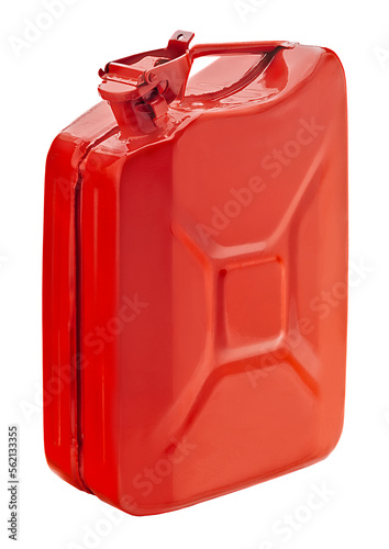 Metal red canister with handle for storing automobile diesel or gasoline, jerrycan container for storing supplies of water or oil