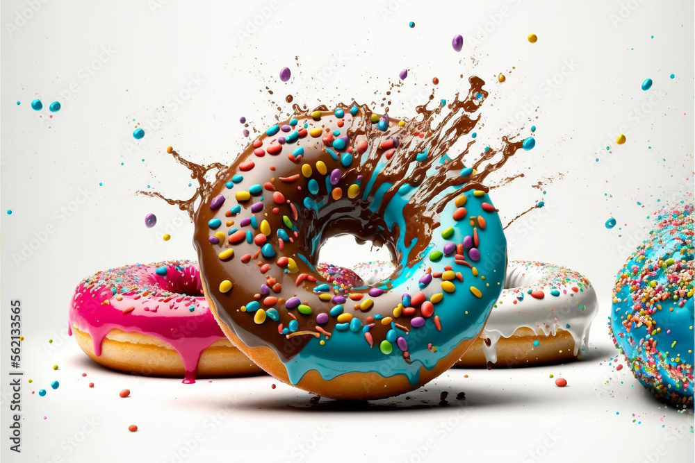Glazed donut with colorful sprinkles splash, on white background, AI generative