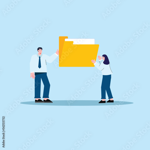 The concept of illustration is moving files to teammates, teamwork