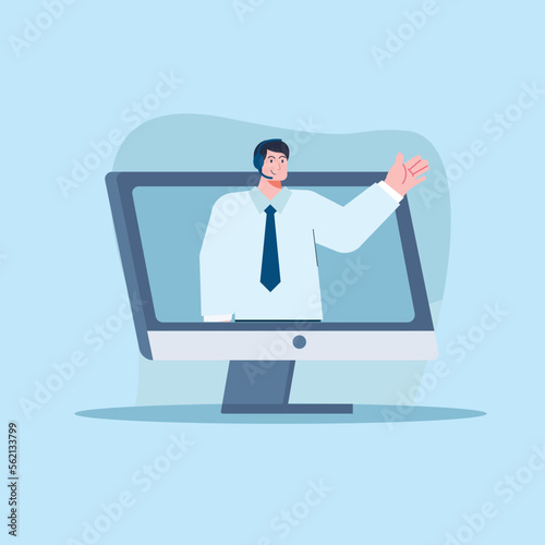 The illustration concept of a customer service waves to online customers on online meetings