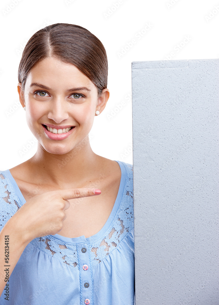 Portrait, pointing and poster with a woman in studio isolated on a white background holding a blank sign for branding. Logo, marketing and brand with a female showing mockup space for advertising Portrait, pointing and poster with a woman in studio isolated on a white background holding a blank sign for branding. Logo, marketing and brand with a female showing mockup space for advertising
