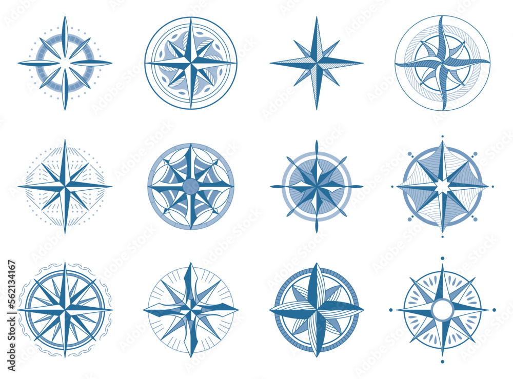 Wind rose compass set. Navigation devices with indication of the cardinal directions. Signs of vector nautical compass