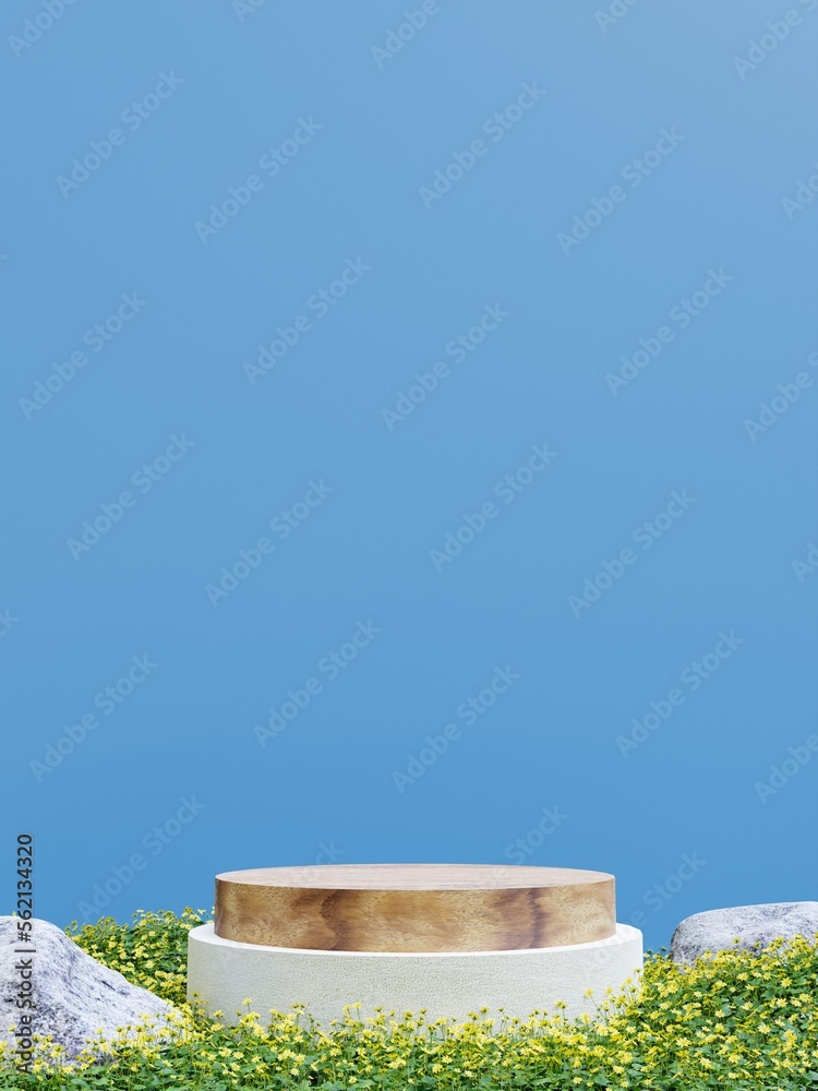 Simple minimalist wooden podium and stone circle and blue wall with flower grass plants in the garden, 3d render
