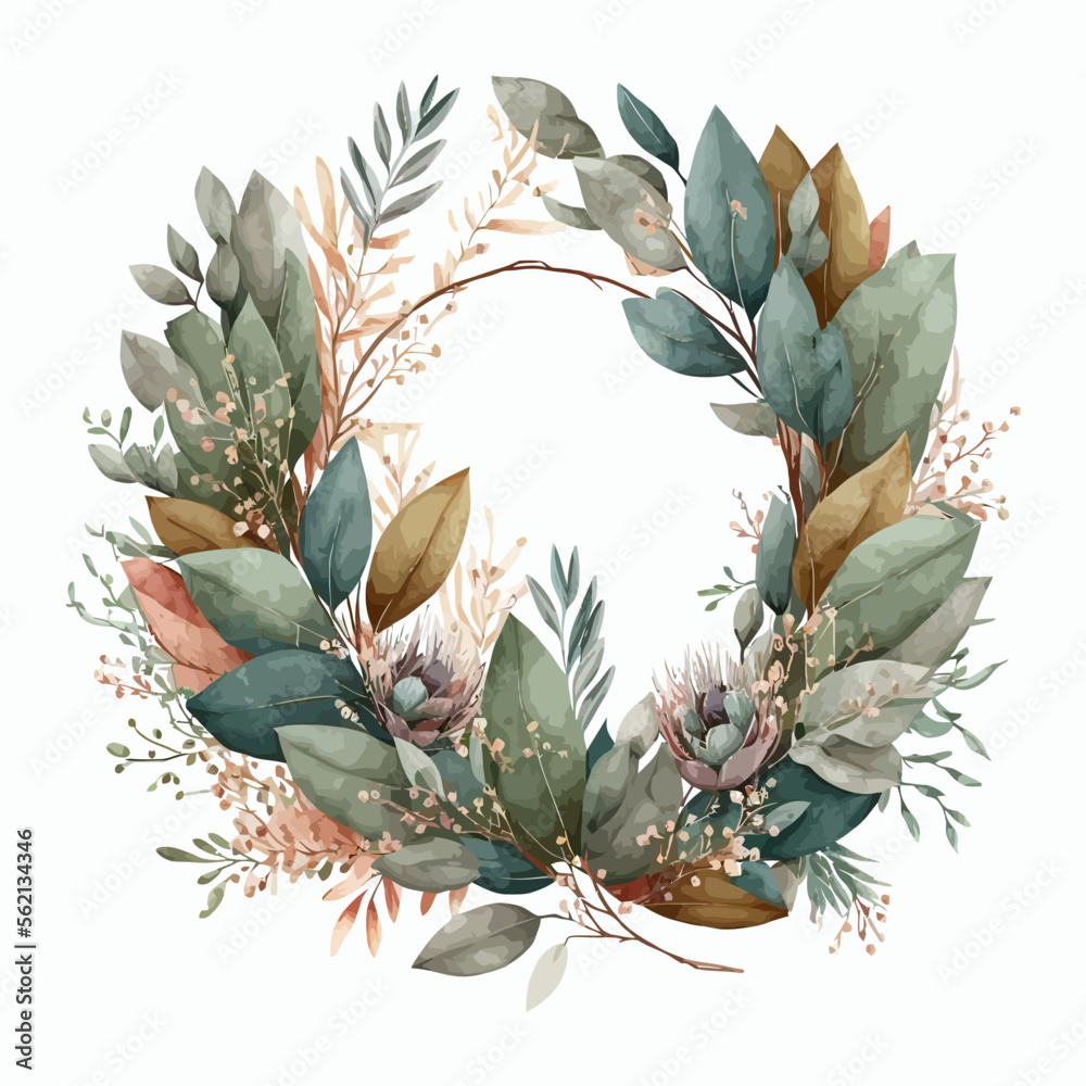 Watercolor floral illustration - leaf frame / wreath. Decorative ...