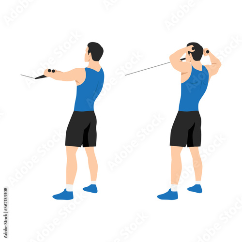 Man doing standing rope face pull. Cable face pull exercise back view. Flat vector illustration. Shoulder exerciseFlat vector illustration isolated on white background