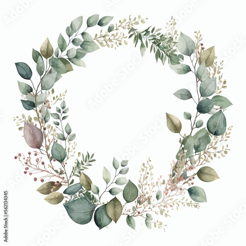 Watercolor floral illustration - leaf frame / wreath. Decorative elements template. Flat cartoon illustration isolated on white background