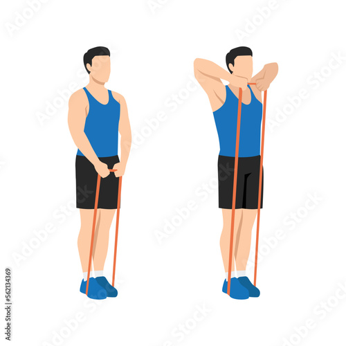 Man doing Upright Row Home Workout Exercise with Thin Resistance Band. Flat vector illustration isolated on white background