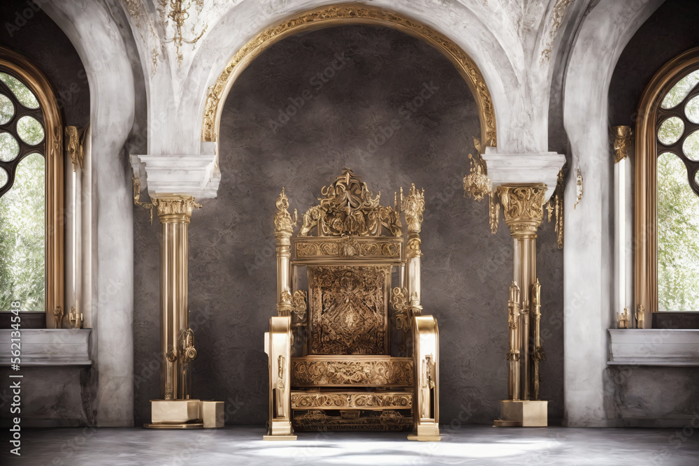 castle indoor view of ancient empty golden royal throne on white floor