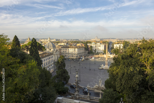 Aerial view from the Pincio of Piazza del Popolo urban square with an Egyptian obelisk of Ramesses II in the center in Rome, Lazio, Italy Europe