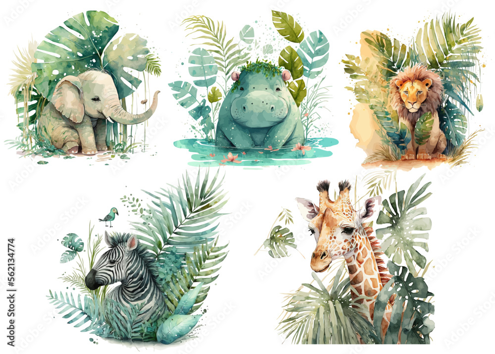 Obraz premium Safari Animal set hippo, lion, giraffe, elephant and zebra in watercolor style. Isolated vector illustration