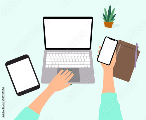 Woman using her laptop. A list of goals concept. Female hand. Colorful, modern vector illustration in cartoon flat style. Mockup illustration. Mac, woman holding phone. notebook, tablet