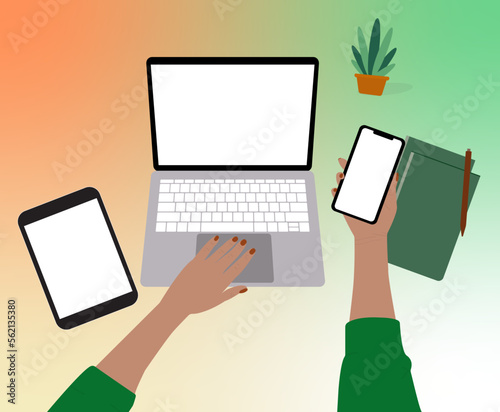 hand holding tablet pc phone. Hand holding iphone. Black woman writing on a laptop. A list of goals concept. Diversity. Female hand. Colorful, modern vector illustration. Mockup illustration